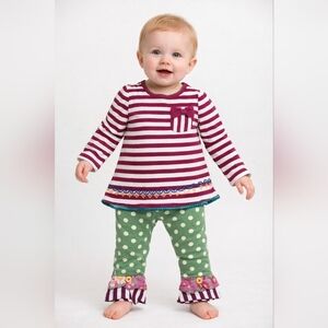 #1741 Matilda Jane 2 Piece Green Polka Dot Leggings & Striped Top Sz. 6-12 Mnth